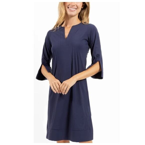 Jude Connally Megan Tunic Dress Size Small Navy Blue Preppy V-neck 3/4 Sleeve - Picture 1 of 8
